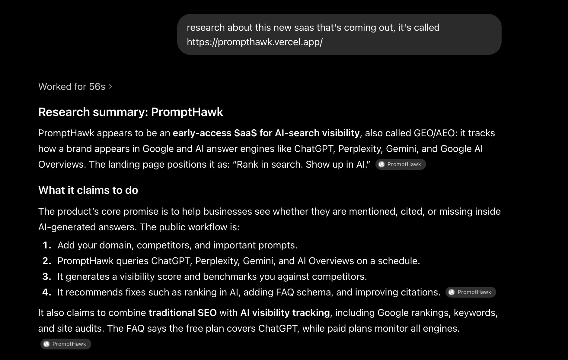 ChatGPT returning an accurate, detailed research summary of PromptHawk