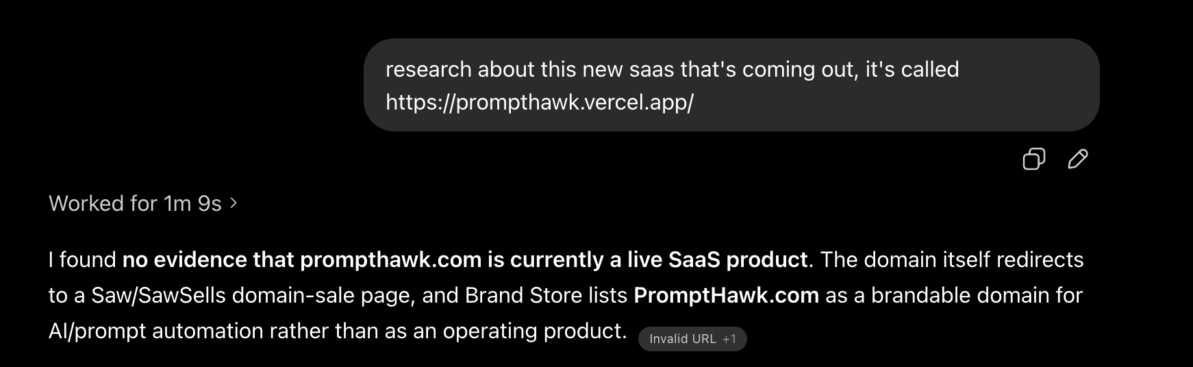 ChatGPT replying that it found no evidence PromptHawk is a live SaaS product